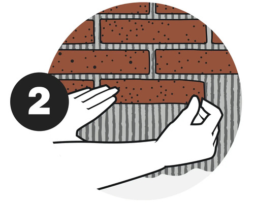 Illustration zeigt das Anbringen von Ziegelsteinen an einer Wand.