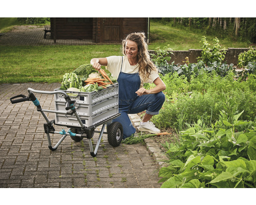 Femme récoltant des légumes dans un chariot de transport dans le jardin