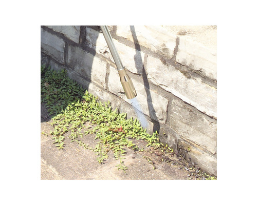 Désherbage d''un mur en pierre avec un désherbeur