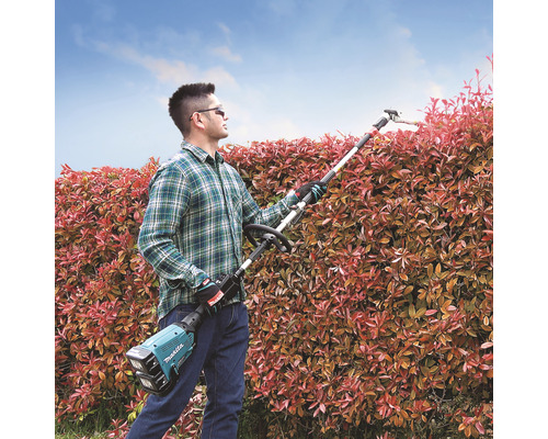 Eine Person schneidet eine Hecke mit einer Heckenschere von Makita.