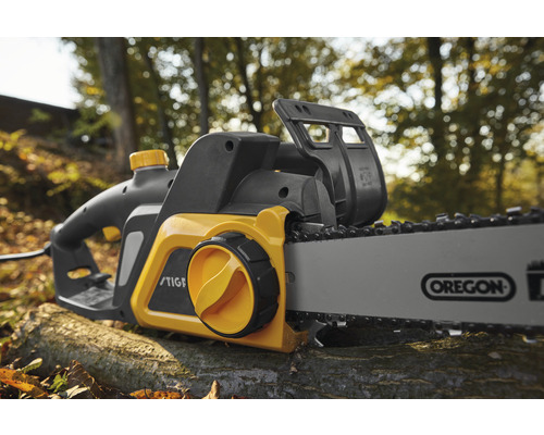 Elektrische Kettensäge auf einem Baumstamm im Freien