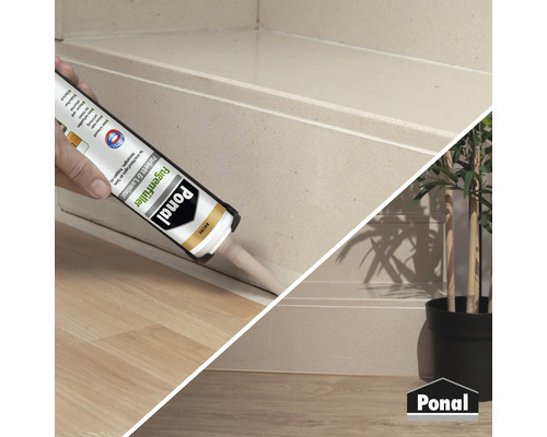 Application de mastic de jointoiement entre le sol et le mur et logo Ponal