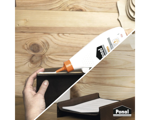 Application de colle à bois avec un flacon de colle à bois, logo Ponal