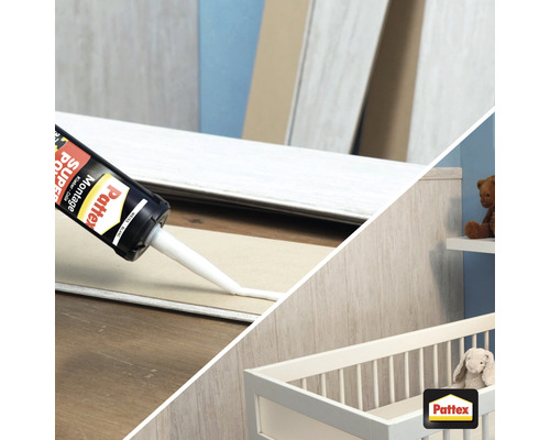 La colle de montage Pattex est utilisée pour fixer des panneaux muraux et un lit de bébé.