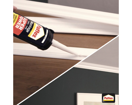 De la colle de montage Pattex est appliquée sur une moulure décorative blanche