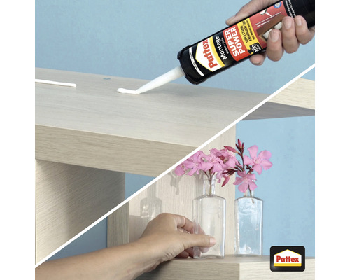 Application de colle de montage Pattex pour fixer une décoration sur une étagère en bois, Logo Pattex