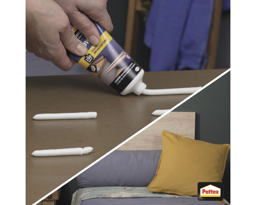 Application de colle de montage d''un tube sur une surface, un lit en arrière-plan. Logo Pattex.