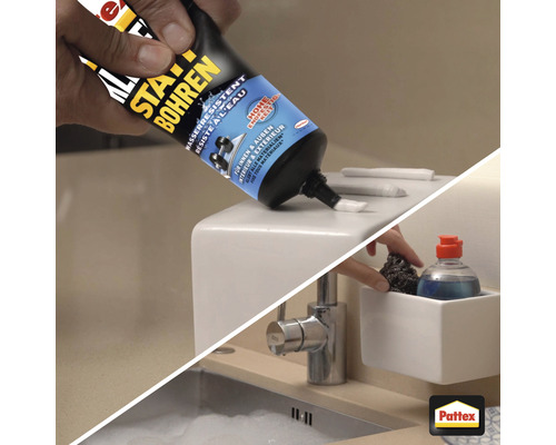 Application de la colle Pattex Kleben statt Bohren dans la salle de bains.