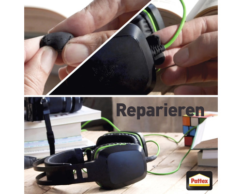 Reparatur eines Headsets mit Reparaturmasse und Pattex Logo