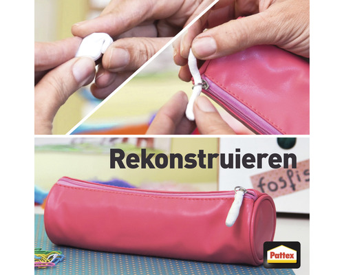 Reparatur eines Reißverschlusses an einem Mäppchen mit einer Modelliermasse, Pattex Logo