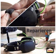 Reparieren von Kopfhörern mit Reparaturmasse und Pattex Logo.