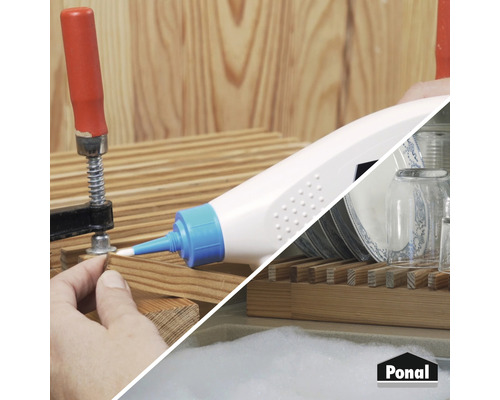 Bouteille de colle à bois lors du travail du bois et vaisselle dans un égouttoir, plus logo Ponal