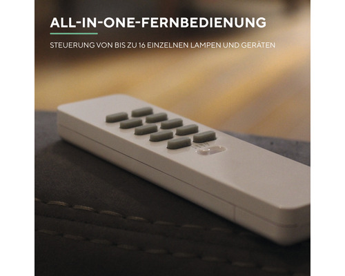 All-in-one Fernbedienung zur Steuerung von bis zu 16 einzelnen Lampen und Geräten.