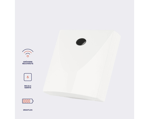 Weißer, kabelloser Sensor mit schwarzem Knopf