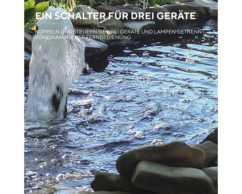 Ein Teich mit einer Wassersäule, die durch einen Schalter für drei Geräte gesteuert wird.