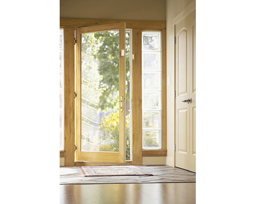 Eingangsbereich mit offenstehender Glastür, Glasbausteinen und Teppich auf dem Boden.