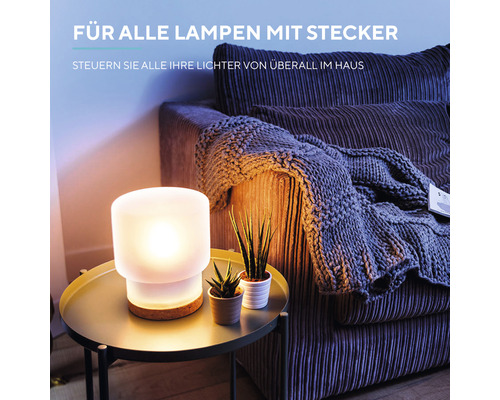 Tischleuchte auf Beistelltisch neben Sofa mit Kissen und Decke