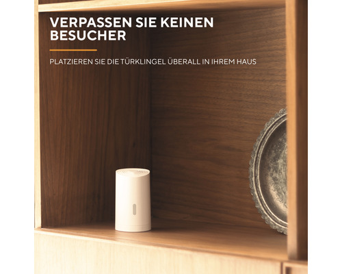 Funkgong im Holzregal. Verpassen Sie keinen Besucher. Platzieren Sie die Türklingel überall in Ihrem Haus.