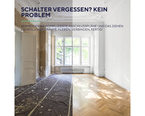 Renoviertes Zimmer mit der Hälfte des reparierten Holzbodens und Text: Schalter vergessen? Kein Problem.