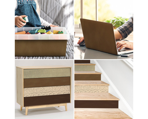 Collage avec boîte de rangement contenant des jouets, personne avec ordinateur portable, commode et escalier