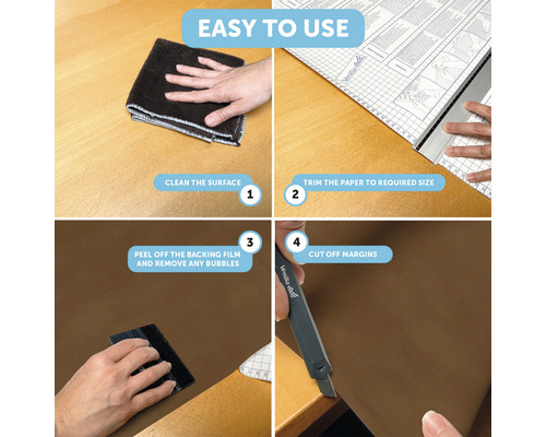 Instructions pour une utilisation facile du film adhésif : nettoyer la surface, couper le papier, retirer le film protecteur et couper les bords.