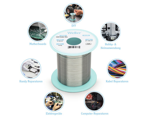 Lötzinnrolle von Weller mit Anwendungsbeispielen für Heimwerker, Hobby, Motherboards, Handy-, Kabel- und Computerreparaturen sowie Elektrogeräte