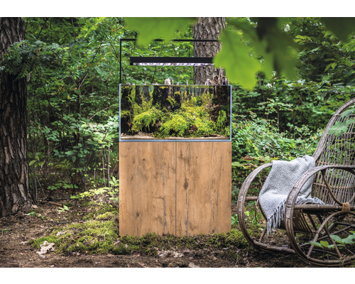 Aquarium mit Unterschrank und Bepflanzung in natürlicher Umgebung