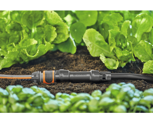 Raccord Gardena avec deux tuyaux d''arrosage dans le jardin