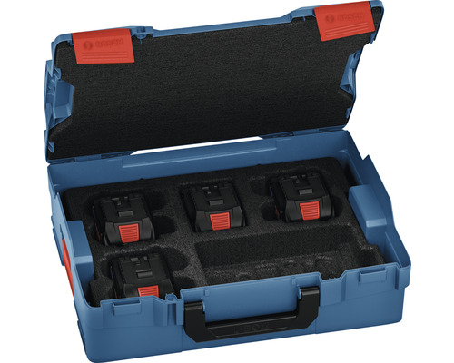 L-Boxx bleue ouverte avec quatre batteries et insert en mousse