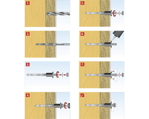 Instructions illustrées pour l''installation d''une vis dans le bois.