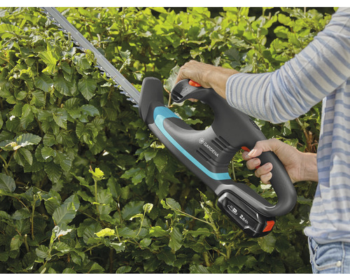 Akku-Heckenschere im Einsatz beim Schneiden einer Hecke