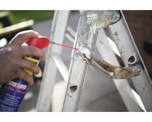 Une personne vaporise un lubrifiant sur une échelle pour l''entretenir.