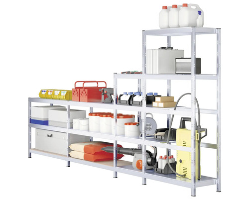 Regalsystem mit Werkzeugen, Farbeimern und anderen Gegenständen