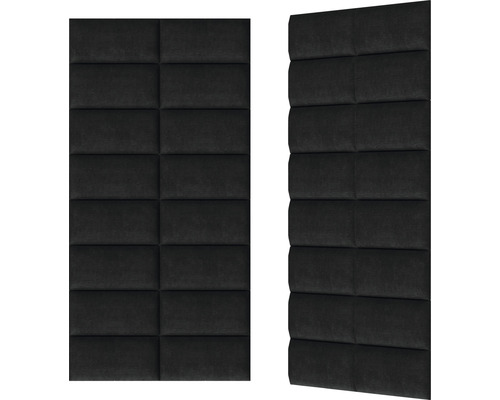 Zwei schwarze, rechteckige Wandpaneele mit gepolstertem Design
