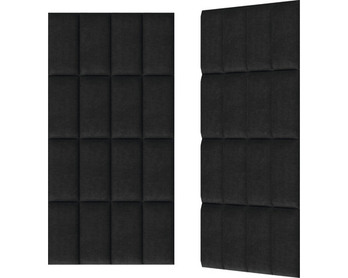 Zwei schwarze Akustikpaneele mit quadratischen Polsterelementen