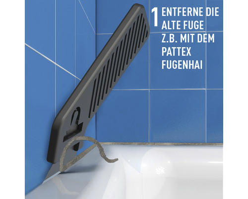 Pattex Fugenhai beim Entfernen einer alten Fuge in einem Badezimmer.