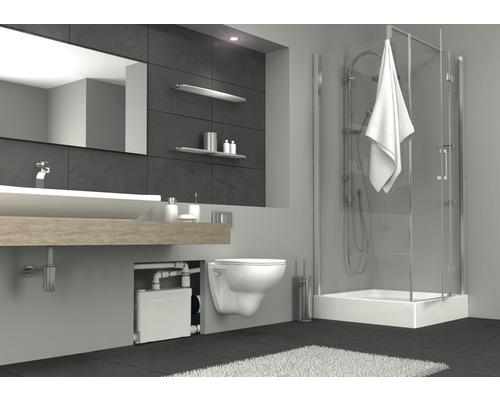 Salle de bains moderne avec douche, lavabo et toilettes.