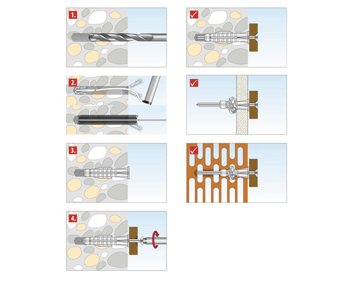 Instructions pour le montage de chevilles dans différents matériaux