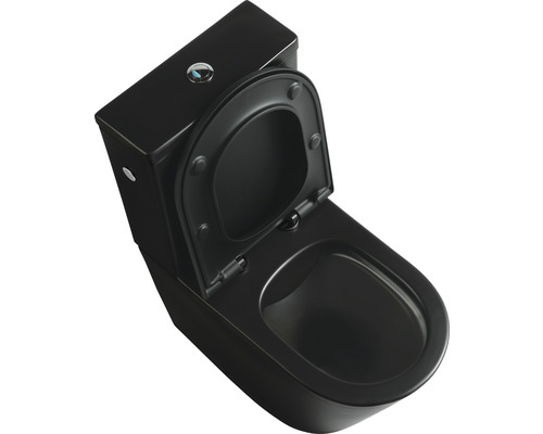 WC en céramique noir avec réservoir de chasse et siège de toilette ouvert