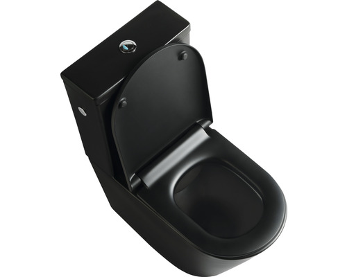 WC au sol noir avec réservoir et couvercle de toilette ouvert