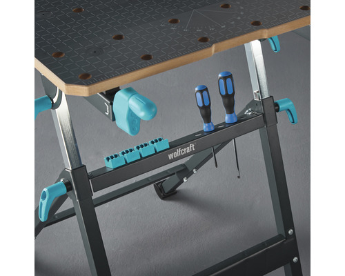 Établi Wolfcraft avec porte-outils et levier de serrage