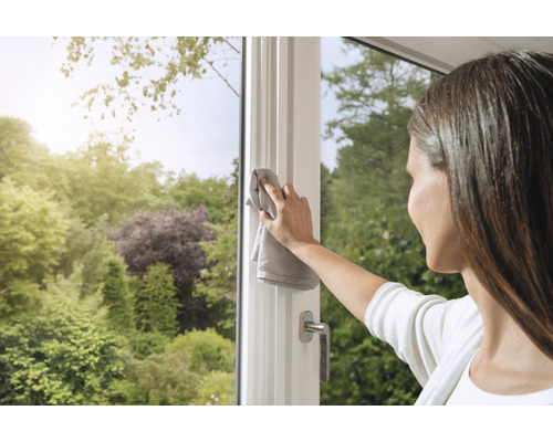 Eine Frau reinigt ein Fenster mit einem Tuch. Im Hintergrund ist ein Garten sichtbar.