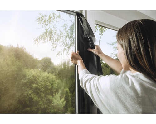Frau befestigt ein schwarzes Fliegengitter an einem Fensterrahmen.