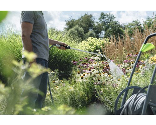 Une personne arrose des fleurs dans le jardin avec un pulvérisateur de jardin.