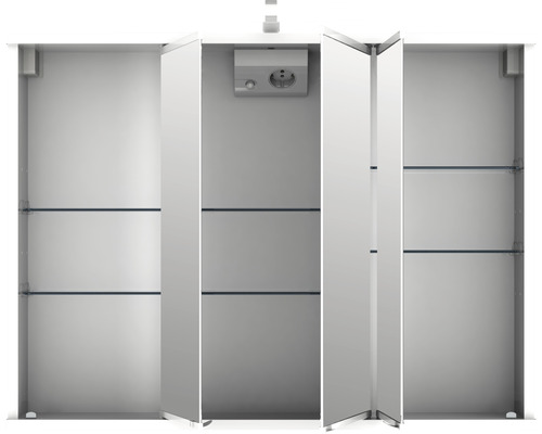 Offener Spiegelschrank mit Steckdose und Glasablagen