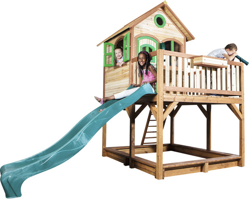 Spielhaus mit Rutsche und Sandkasten für Kinder im Garten