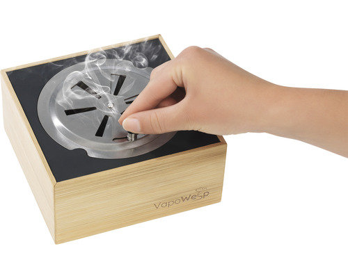 VapoWesp Verdampfer in Holzkiste mit drehbarer Metallscheibe und Hand