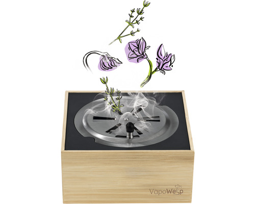 VapoWesp Verdampfer mit Kräutern und aufsteigendem Dampf