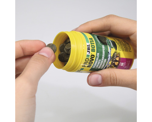 Person entnimmt JBL Pro Novo Botia Futtertablette aus einer Dose