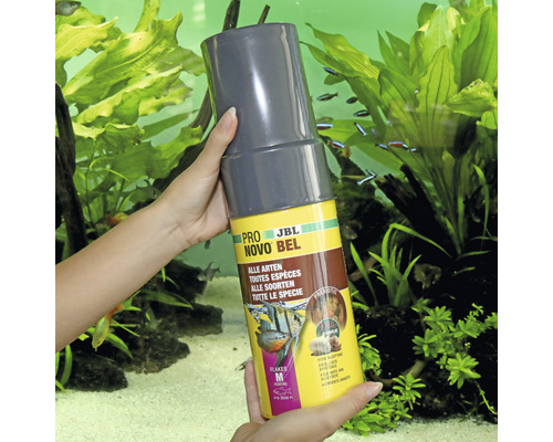 Boîte de nourriture pour poissons JBL Novo Bel dans les mains devant un aquarium